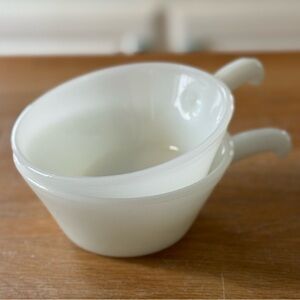 Vintage Anchor Hocking Milk Glass Soup Bowls with Handles - Set of 2